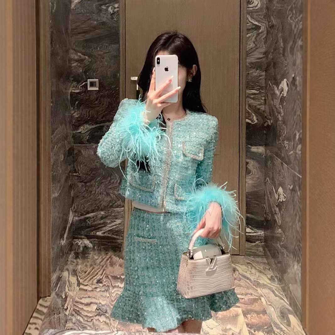 Women Elegant Chic Tweed Two Piece Set Heavy Beaded Sequin Feather Trim Top & Light Green Mini Skirt Outfit