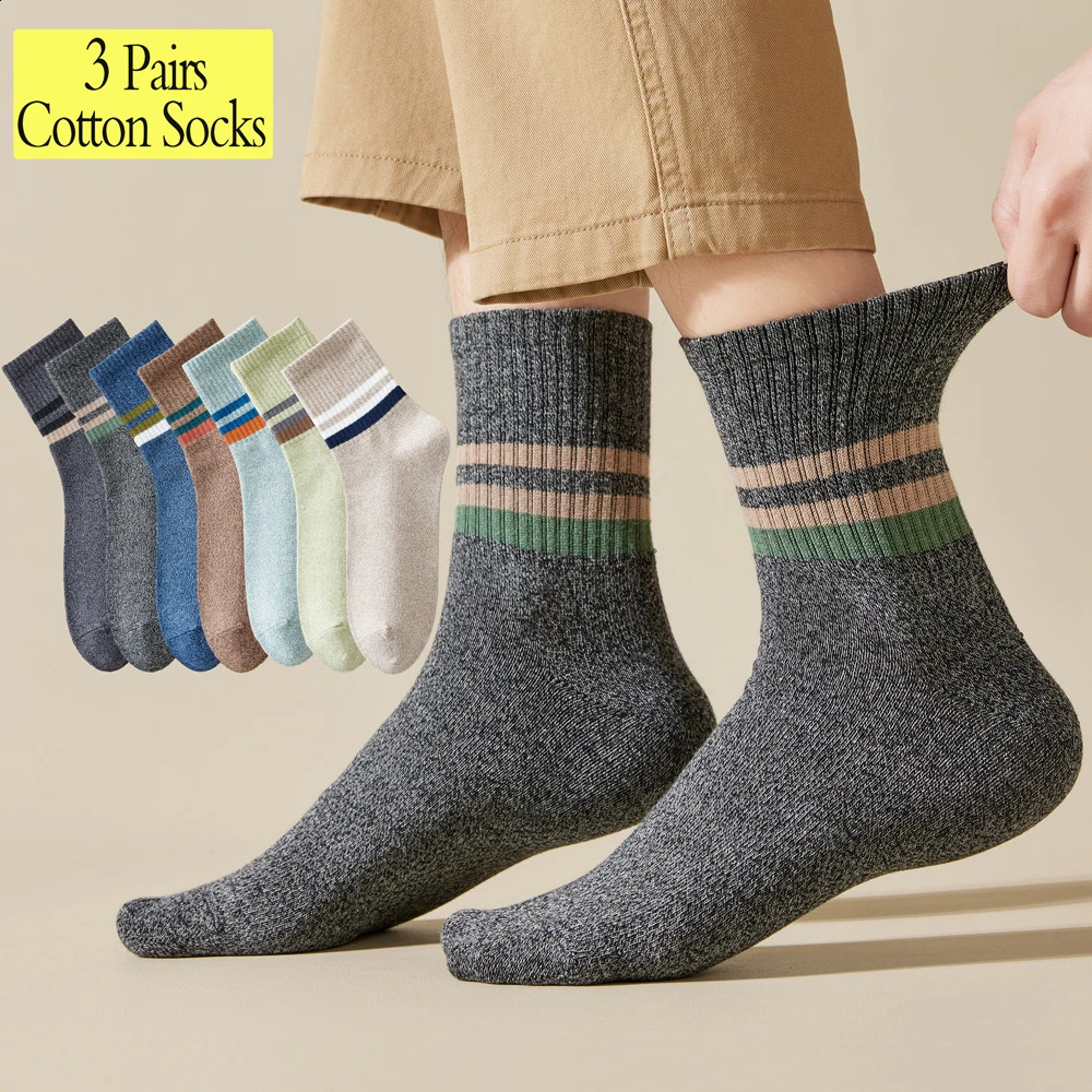 3 Pairs Mens Striped Thermal Socks Mid Calf Crew Cotton Thick Warm Moisture Wicking Soft Comfortable for Daily Wear 261017