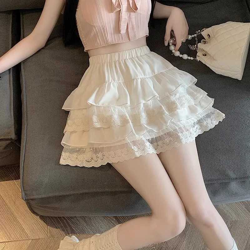 Solid Skirts Women Mini Skirts Color Female A-line Elastic High Waist Skirts Lady Short Lace Cake Skirt Thin Summer Fashion Streetwear W261017
