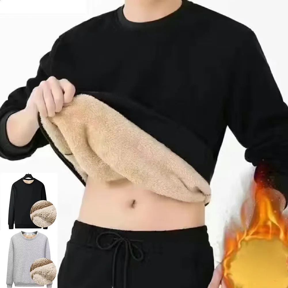 Men's Winter Fleece Sweatshirts Boy Man Keep Warm Underwear Casual Solid Color Pullover Lambswool Oneck Thickened Thermal Tops 261012