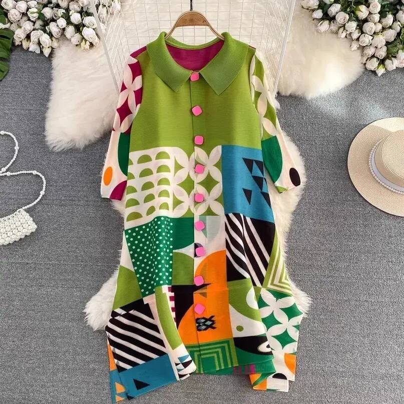 Urban Sexy Dress Miyake Pleated Drape Dress Women Spring Summer Colorblock Printing Lapel 34 Sleeve Singlebreasted Fashion bodycon Shirt Dresses Wom