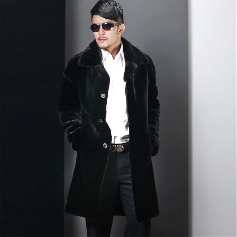 2025 S6XL Size Fashion Men Jacket Black Midlengt Faux Mink Fur Autumn Winter Supper Warm Men's Coat Casual Parkas 261012