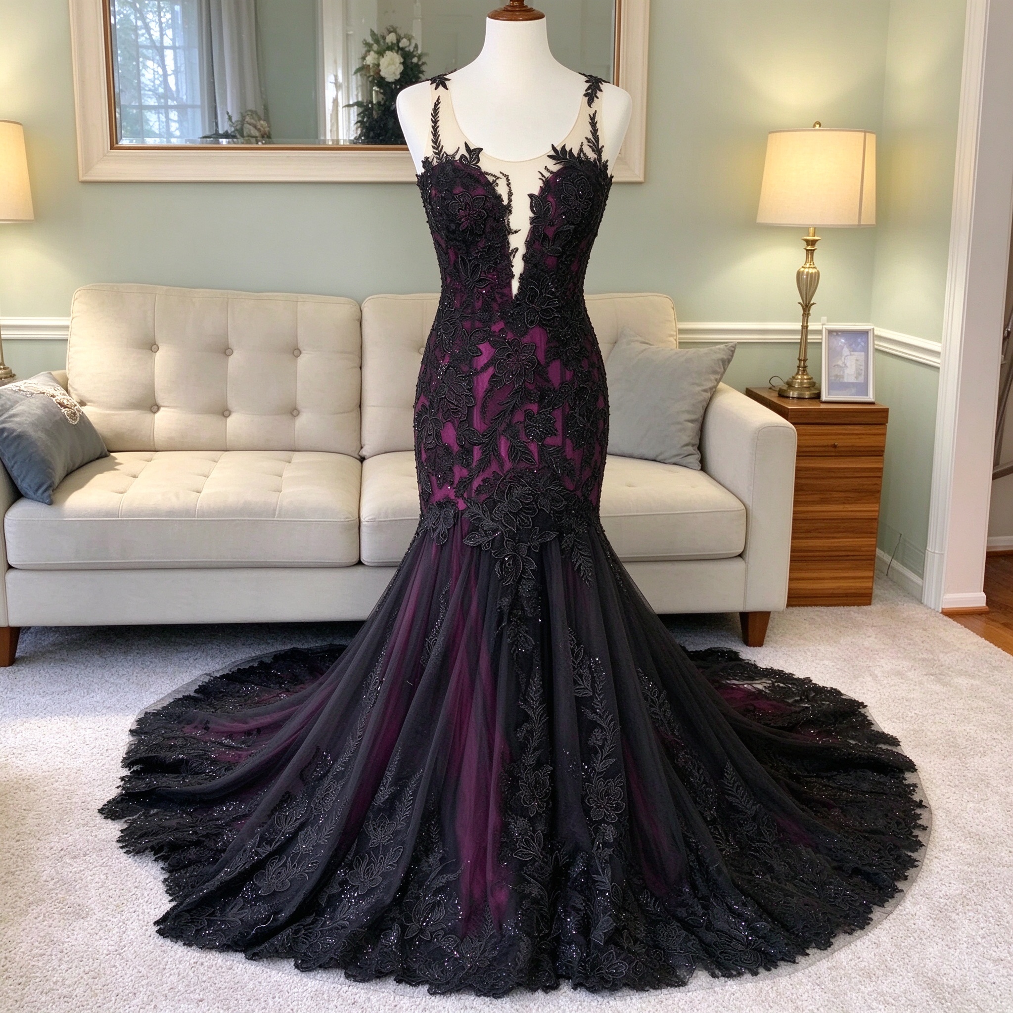 Gothic Black And Purple Mermaid Wedding Dress Deep V Illusion Neck 3D Floral Lace Appliques Sparkly Tulle Court Train Bridal Gown
