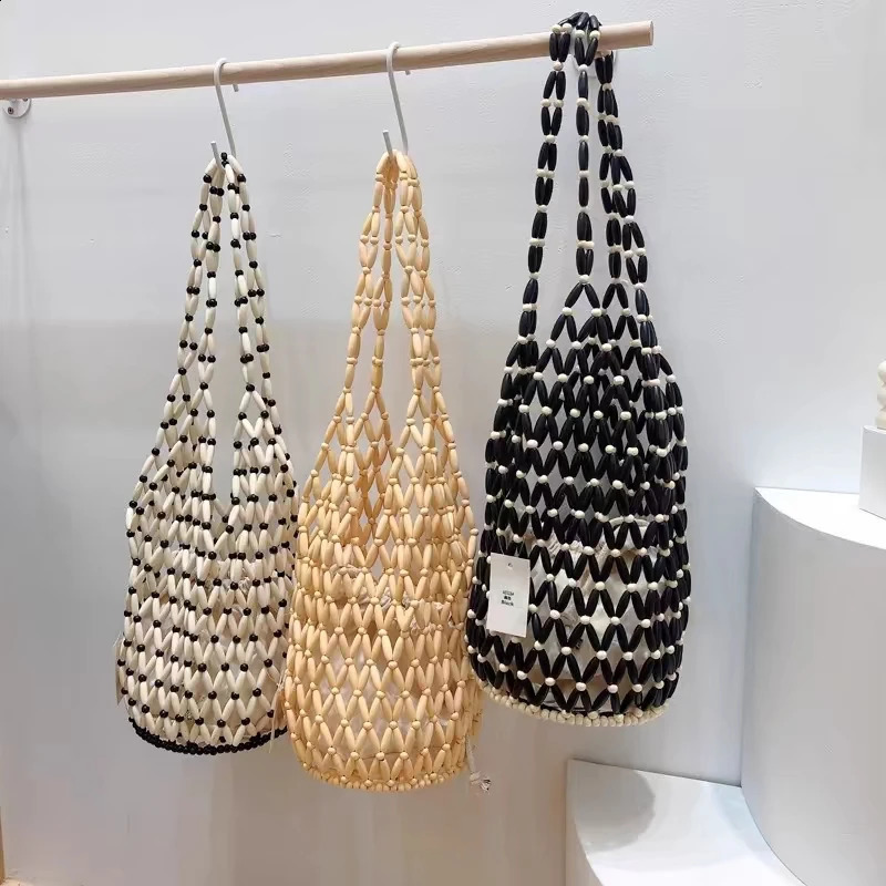 Hollow Wooden Bead Shoulder Bag with Inner Pouch Handmade Woven Beaded Handbag Summer Beach Travel Vacation Women Bucket 261017