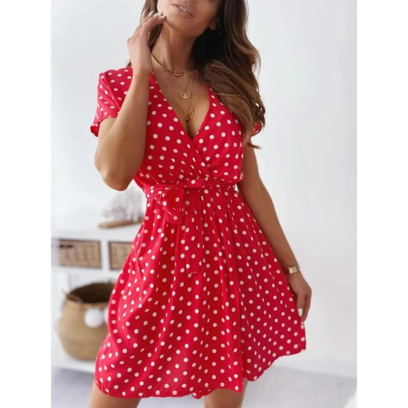 Summer Women's Polka Dot Printed Short Sleeved Casual Dress Fashionable V-neck Belt Commuting Dress Holiday Party Women's Dress 261013