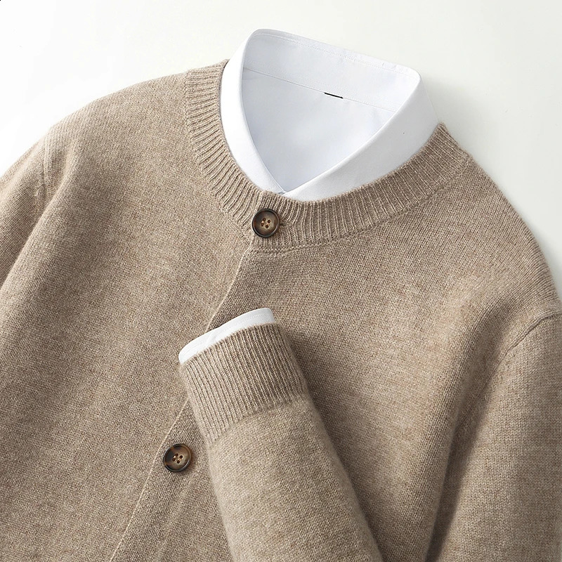 Men's 100 Merino wool round neck cardigan sweater casual thick knit autumn and winter jacket simple versatile coat 261012