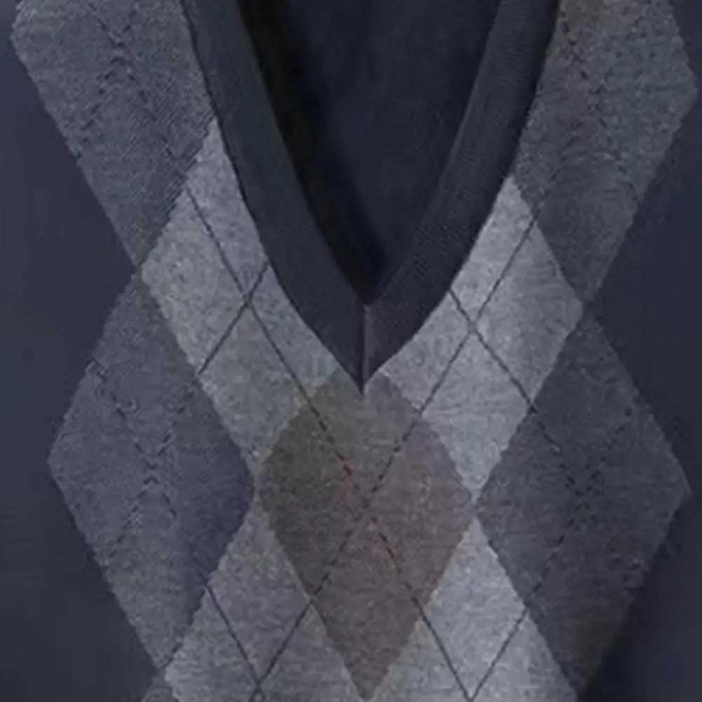Winter Fall Men's Men Vests Sweater Vest Rhombus Print V Neck Sleeveless Top Color Matching Applique Knitted Pullover Vest Men's ClothingW