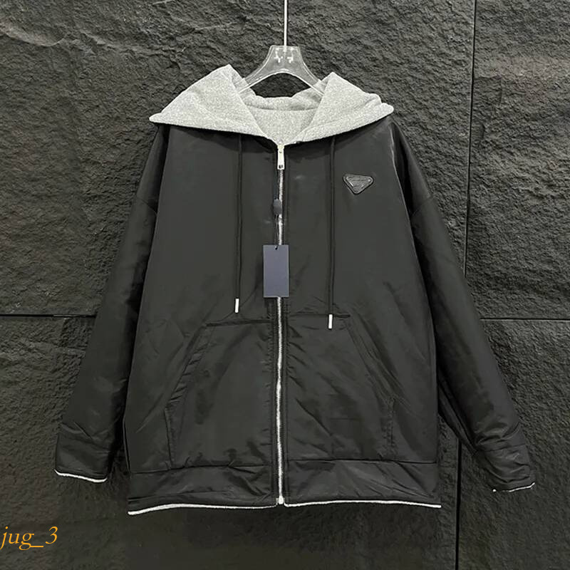 pradmen jacket Designer Luxury brand Unisex Reversible Triangle Logo Nylon Jacket Black Gray Hooded Zip Up Loose Fit Streetwear Men Women Outerwear