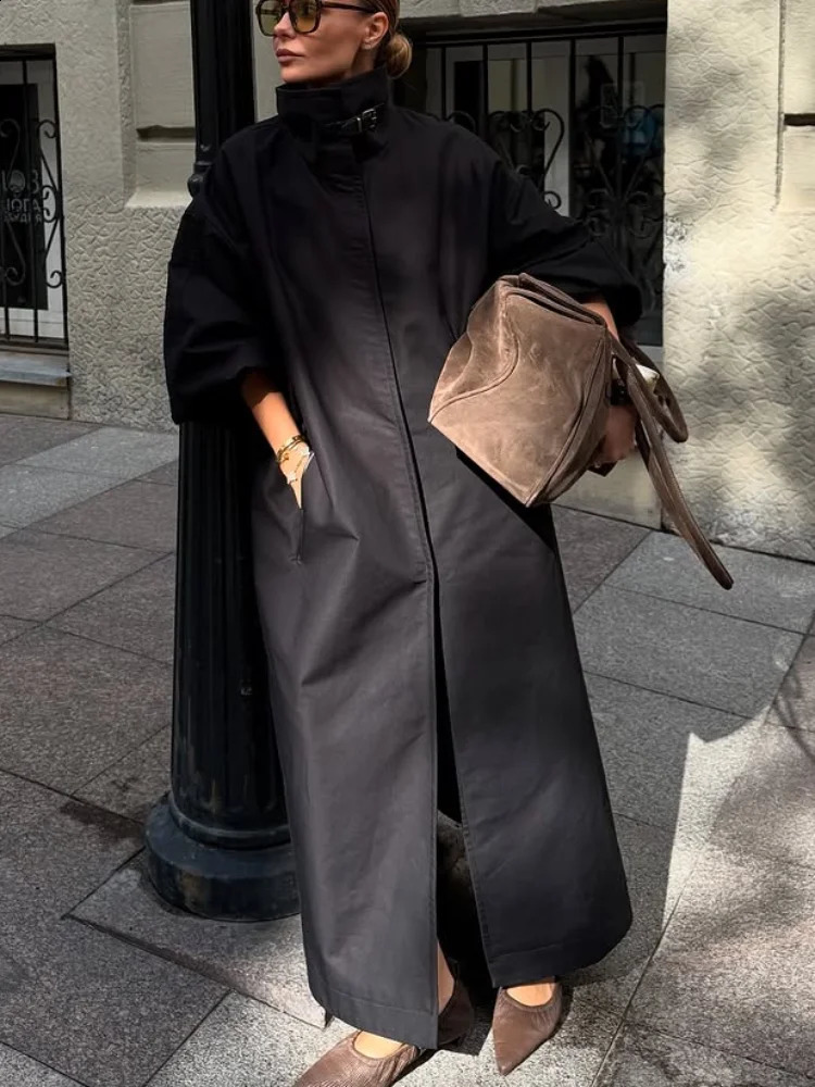 Women Black Stand Collar Long Trench Coat Fashion Full Sleeve Oversized Loose Fitted Windbreaker Autumn Highstreet Outwear 261013