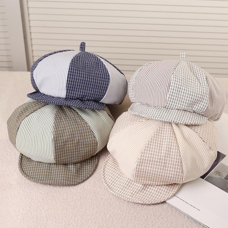 Plaid beret for women summer retro painter hat large head circumference faceslimming newsboy cap spring and autumn cloud octagonal hat