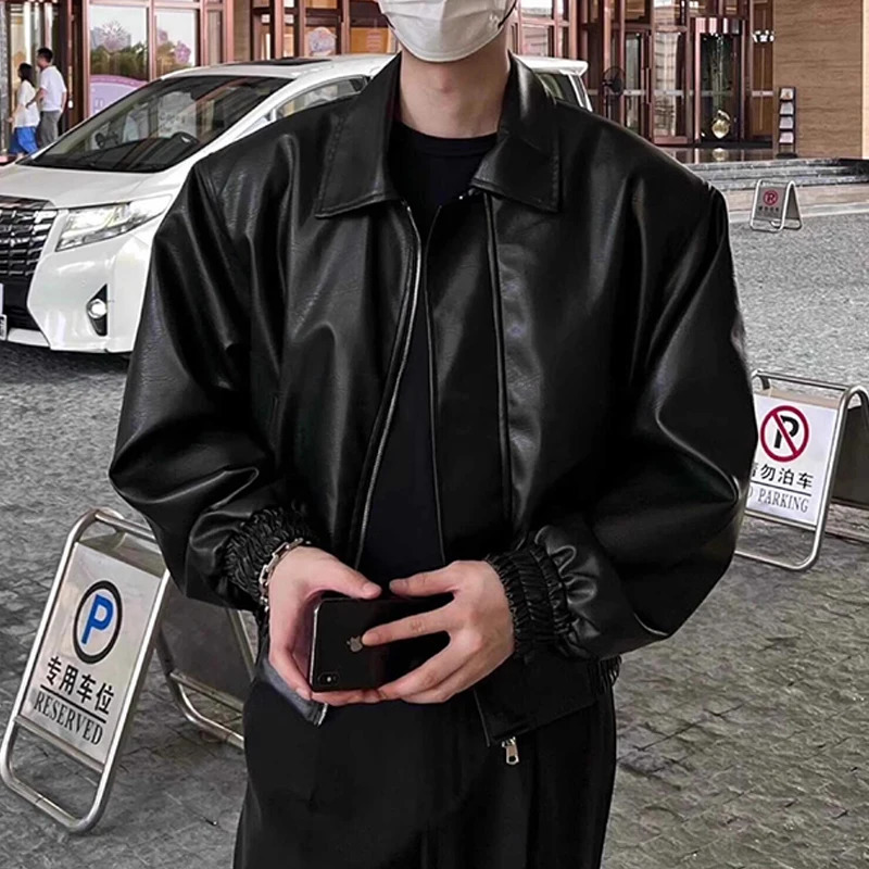 High Street Trendy PU Leather Crop Jacket Casual Textured Locomotive Zipper Turn-down Collar Solid Color Long Sleeve Men's Coats 261014