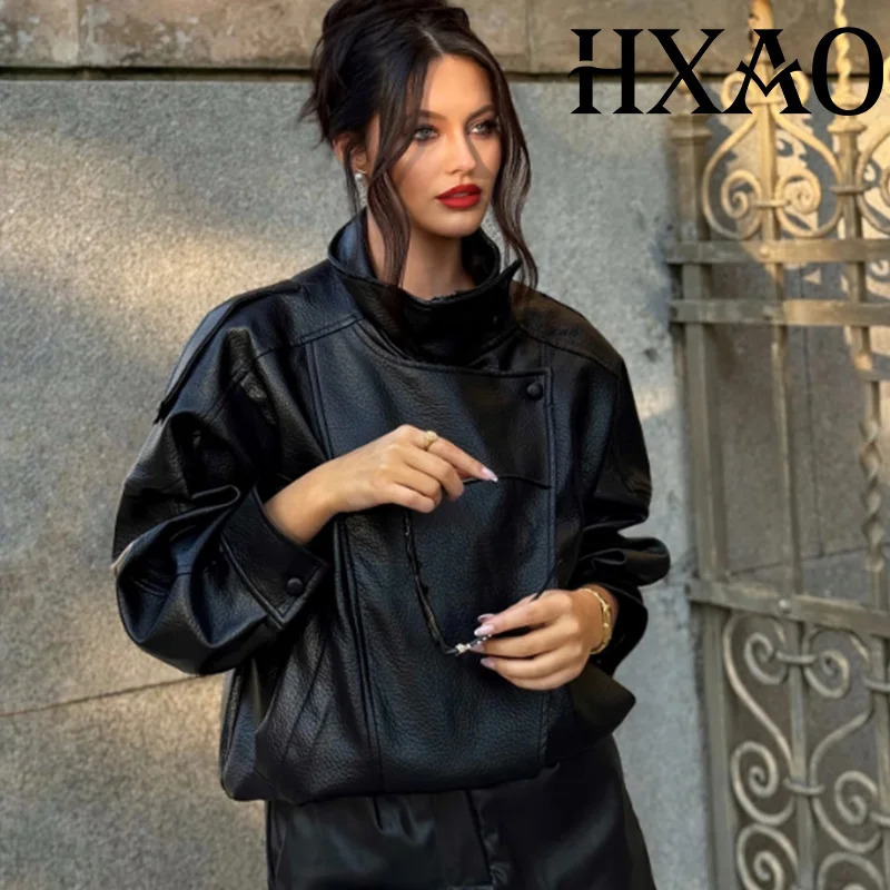 HXAO Black Jacket Women's Coat Faux Leather Outerwears DemiSeason Bomber Moto Biker Zipper High Neck Short 261009