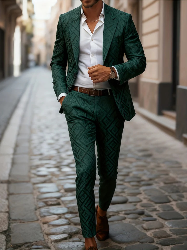 European American Style Mens Business Suit Set TwoPiece Trousers Retro Green ColorBlock Plaid Print 261017