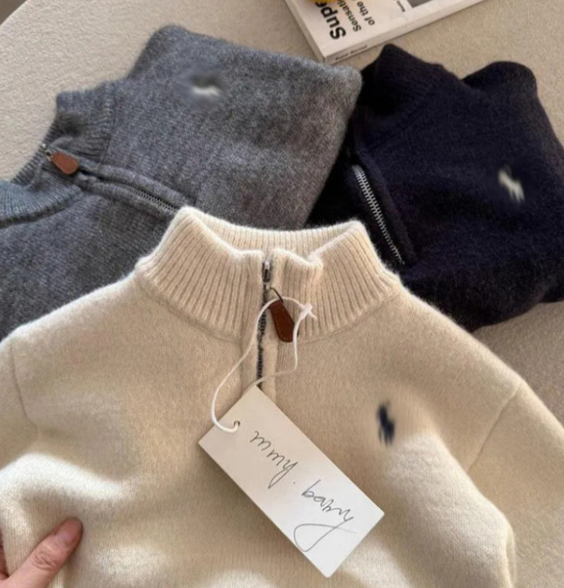 Designer Kids Sweater Pullover - Boys Girls Toddler Embroidery Half-High Neck Thickened Warm Zip-Up Knit Top Winter Fall aad