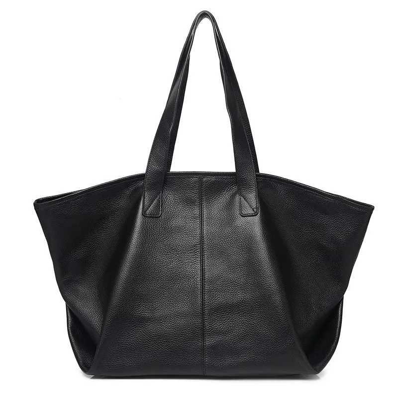 Evening Bags Leather Top Layer Cowhide Pure Black Soft Shopping Bag Europe and the United States Fashion Shoulder Bag for Women H261016