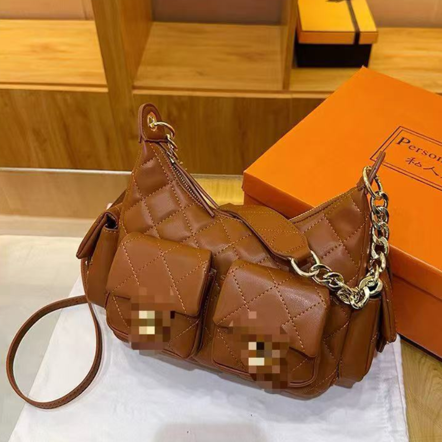 Womens Vintage Brown Quilted Shoulder Bag with Chain Strap Large Capacity Crossbody Messenger Bag with Front Pockets Soft PU Leather Handbag for Dai