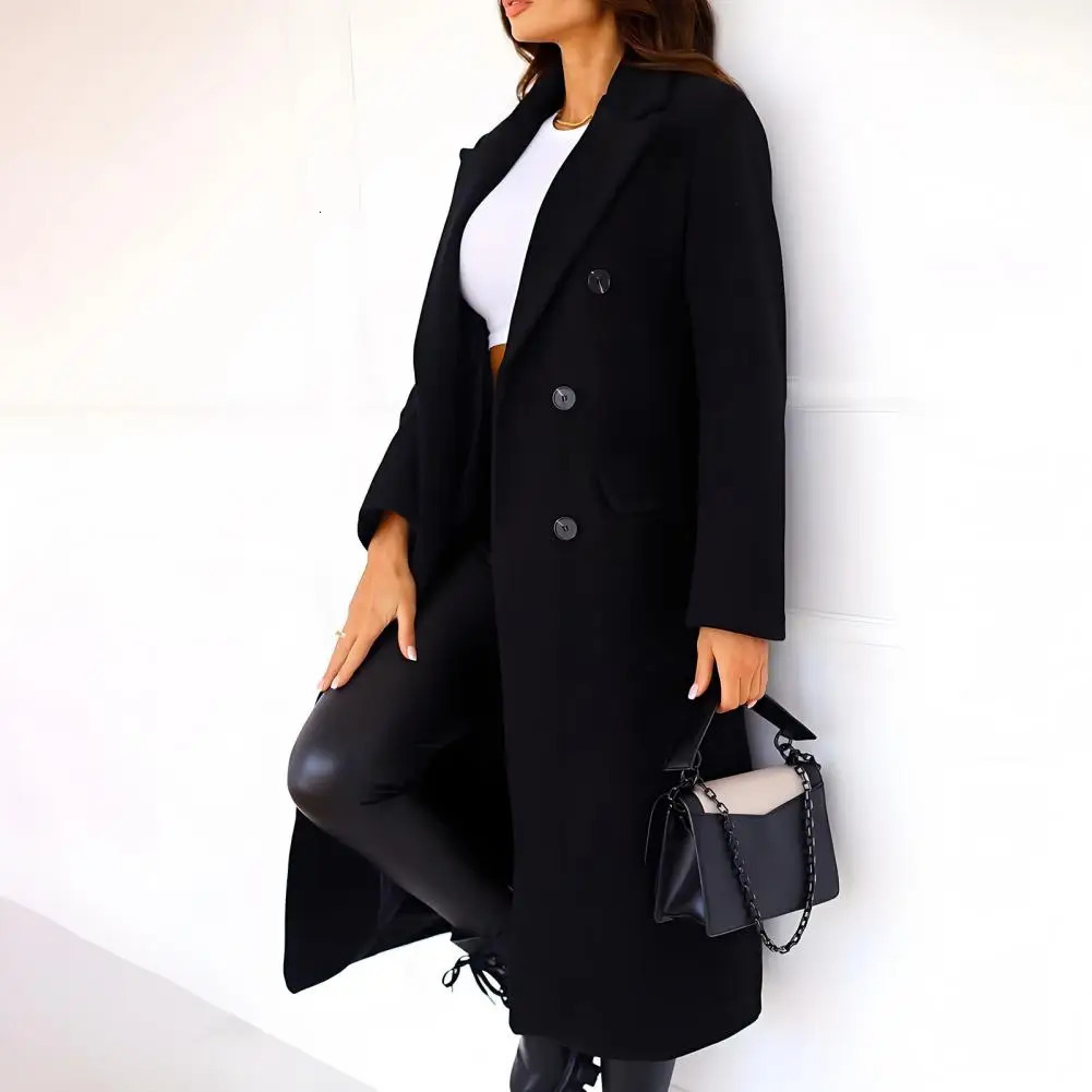 Women Long Wool Blend Coat Lady DoubleBreasted Trench Casual Notch Lapel Peacoat Fall Winter Overcoat Solid Jacket 261010