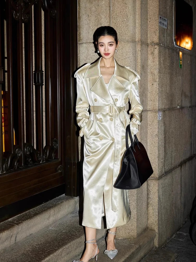 Lautaro Spring Autumn Long Shiny Flowy Soft Satin Trench Coat for Women Belt Double Breasted Elegant y ner Closthes 261013