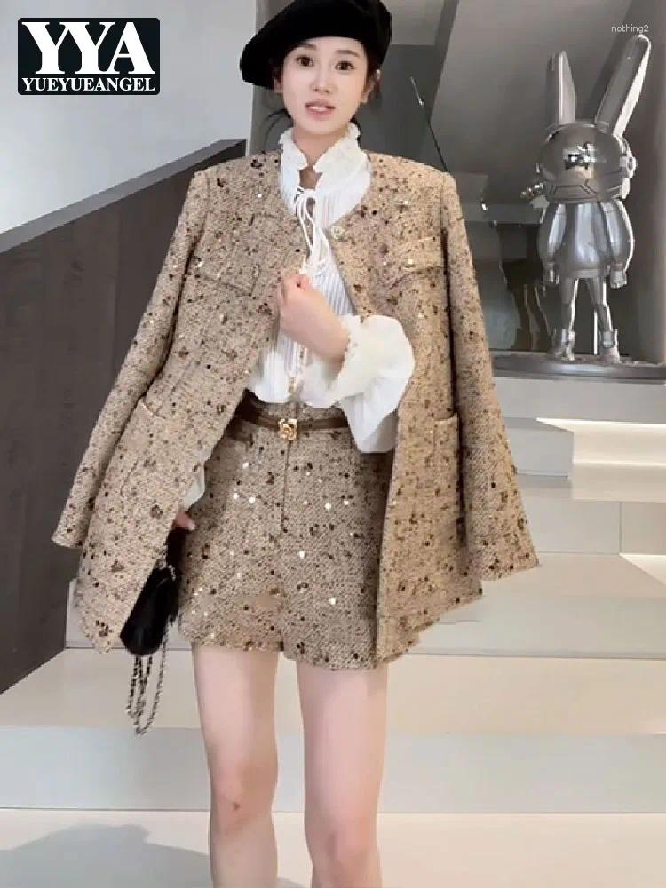 Fashion Office Ladies O Neck Sequined Medium Long Tweed Jacket High Waist Shorts Two Piece Set French Style Women Matching Sets