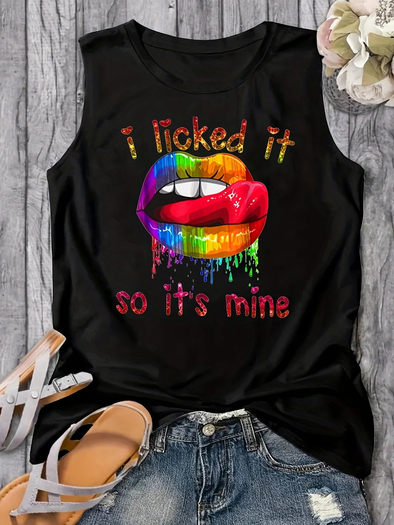 Women's Summer Colorful Lips Letter Print Loose Large Breathable and Comfortable Sleeveless Tank Top Tshirt 261016