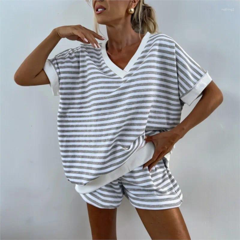 Women's Two-piece Short-sleeved V-neck Loose Top Sports Shorts 2026 Summer Casual Striped Contrast Suit
