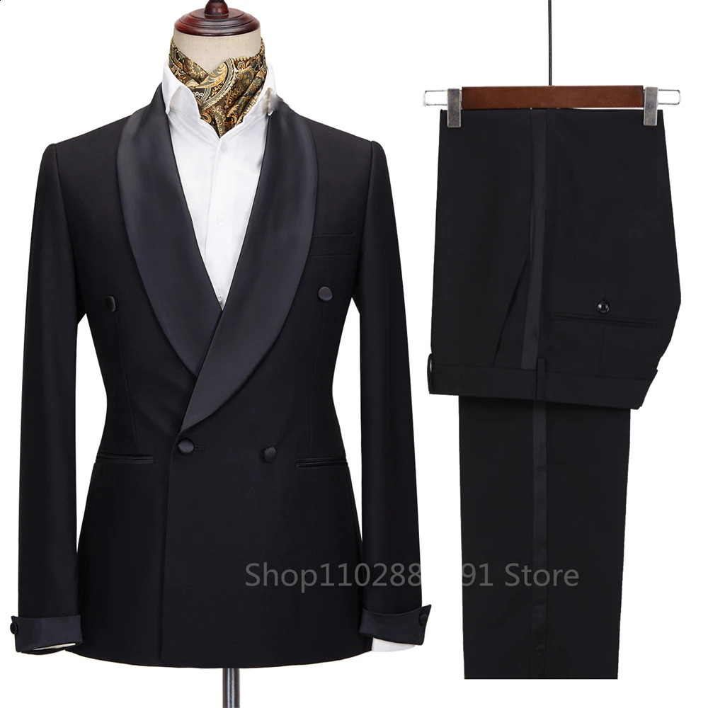 2026 Men Suit Black Satin Lapel Tuxedo 2 Pieces Double Breasted Wedding Shawl Party Costume Groom Male Wear 261017