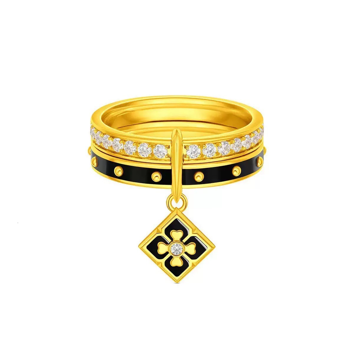 V brand ring Vintage black gold enamel four-leaf clover open ring, 18K gold, for women, featuring delicate diamond accents, a stylish and versatile