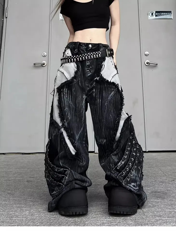 Vintage Patchwork Distressed Jeans Hip Hop Loose Wide Leg Cargo Pants Women's Washed Distressed Denim Trousers 261013