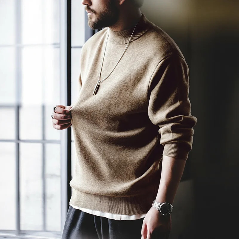 Maden Autumn Winter Regular Fit 12 Gauge Sweater Men Half Turtleneck Pullovers Knitwear Solid Color Warm Bottom Shirt 261008