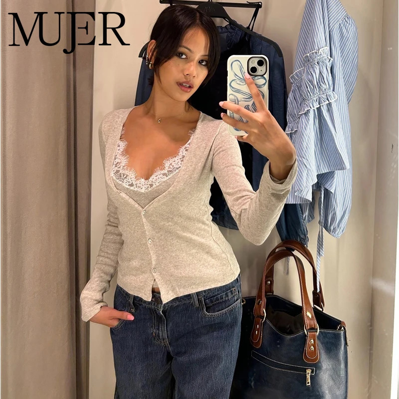 MUJER Lace Cropped Cardigan Women Button up Knit Tops Woman Vintage Knitwears Long Sleeve Knitted Cardigans Sweaters for 261016