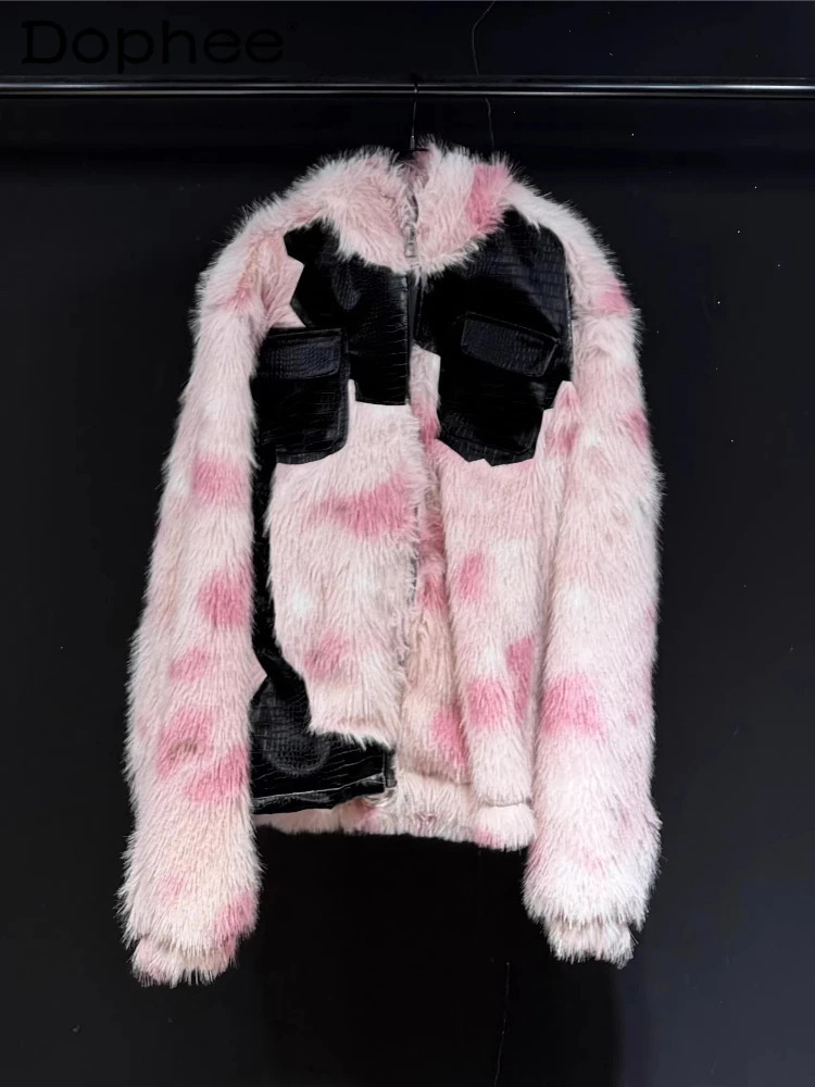 Men Women 2025 Winter Fashion Faux Fur Thickened Warm Plush Jackets Hood Splicing Color Matching Long Sleeve Coats 261012