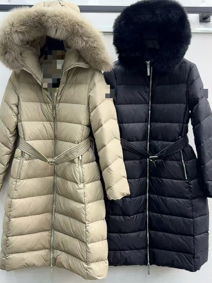 Designer cotton-padded jacket 25SS New British Style Winter Thickened Warm Hooded Fitted Mid-Length White Goose Down Long Coat with Fur Collar