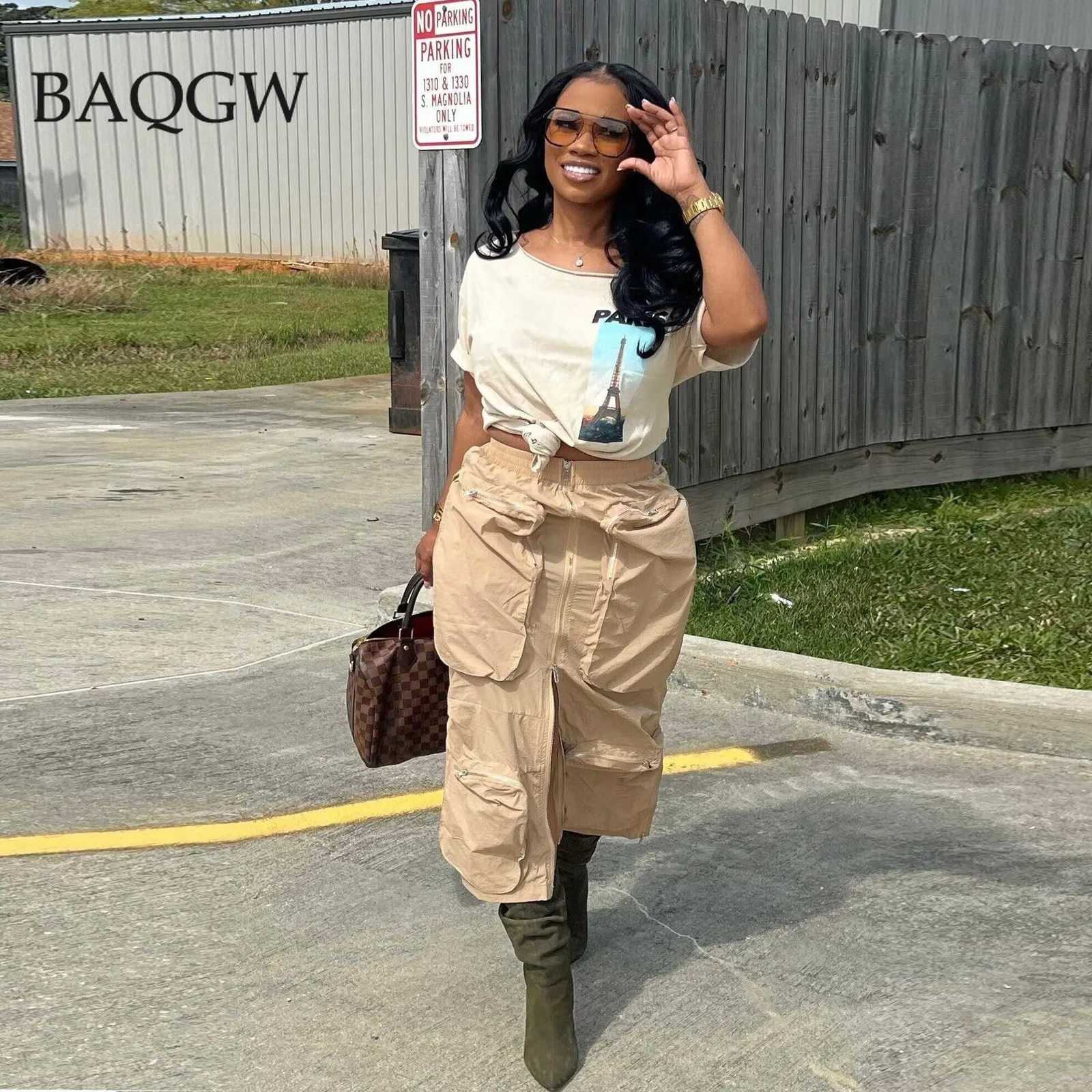 Khaki Skirts Waist Fashion Elastic Army Green Cargo Skirt 2023 Summer Women Y2K Front 3D Pockets Center Zipper Midi Skirts Streetwear W261017