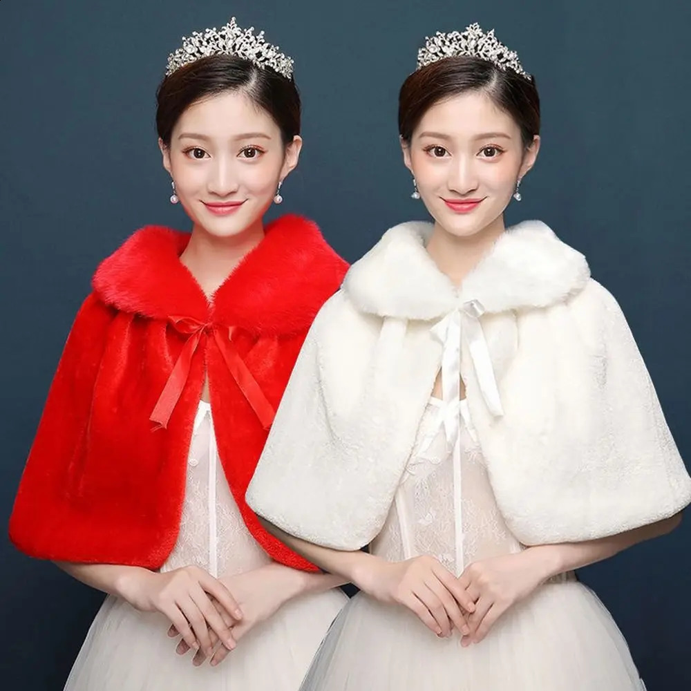 White Womens Winter Thicken Plush Wrap Stole Elbow Length Wedding Bridal Shawl Cape Warm Jacket Shrug with Lace Up Ribbon261016