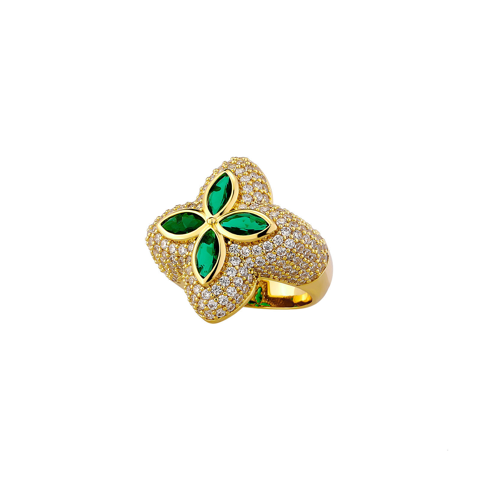 Iced Out 5A Zircon Brass Green Four Leaf Clover Ring 14K Gold Plated Hip Hop Lucky Jewelry for Women Men