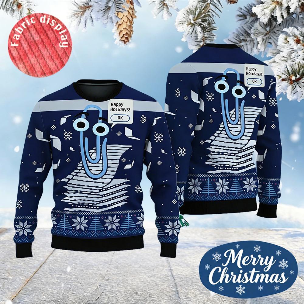 Funny Cute Paperclip Ugly Christmas Men Women Personality 3D Print Pullover Sweater Unique Festival Long Sleeves Tops