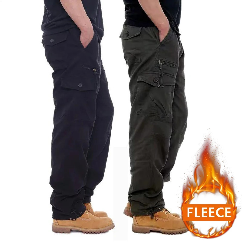 Autumn Winter Mens Cargo Pants Fleece Warm Trousers Cotton Insulated Hiking Running Man Multiple Pockets 261017