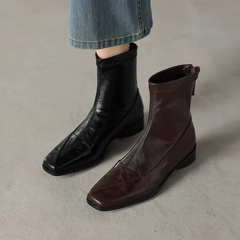 Block Heel Booties Women Fall Winter Retro Platform Heightened Versatile Square Toe Rear Zipper 261013