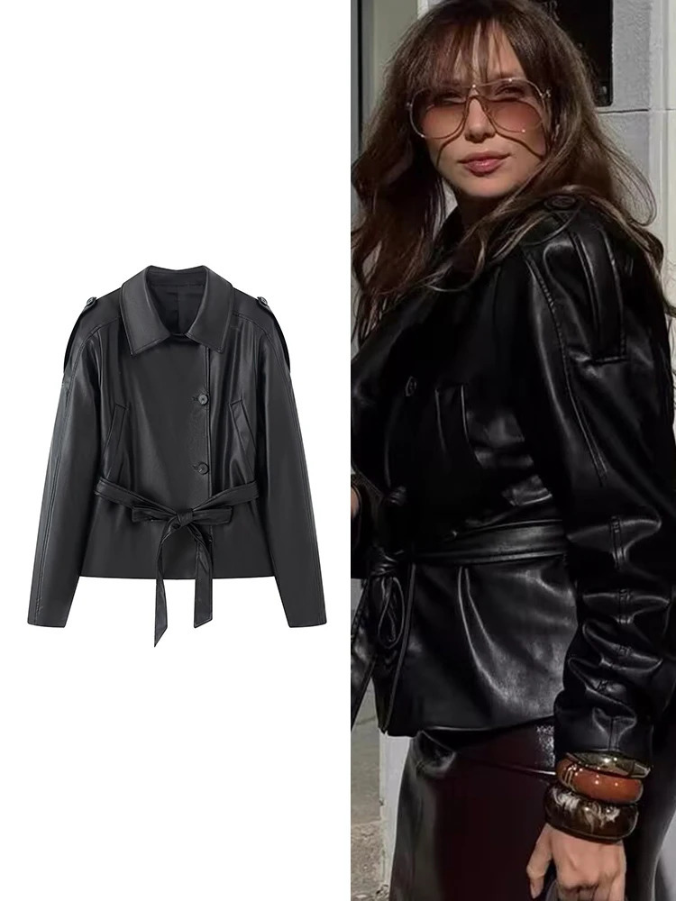 TFMLN Women Belted Faux Leather Jacket Turn Down Collar Long Sleeve Loose Outerwear Daily Street Trendy Black Coat Lady 261009