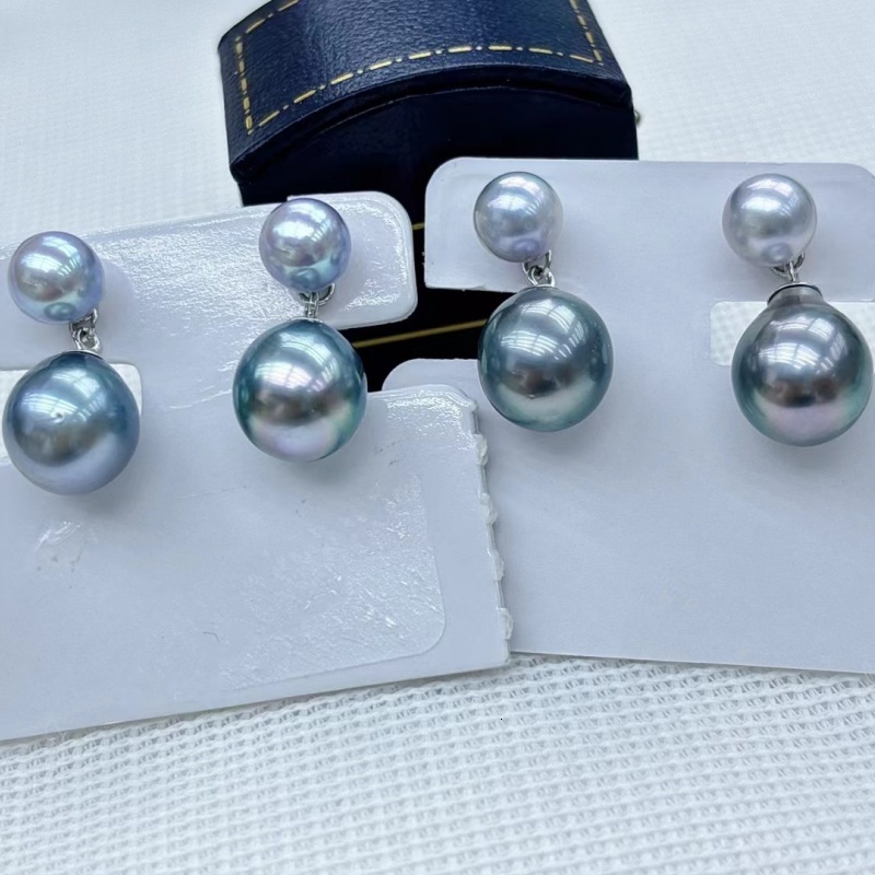 S925 Silver 5-6mm Sea Water Akoya Real 8-9mm Tahitian Gray Double Pearl Design Stud Earrings for Women