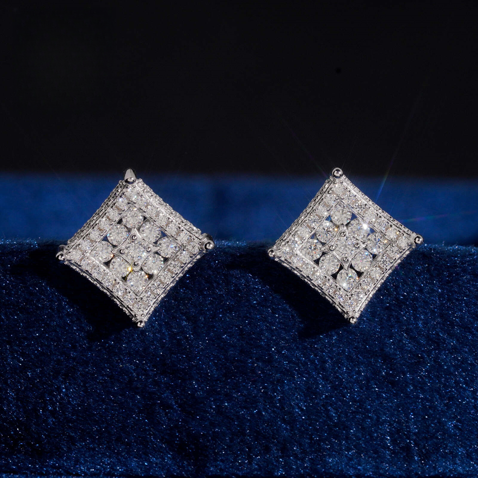 Drill Hair Hip Hop Style, 10mm Square Moissanite Stud Earrings, S925 Silver, Paved Setting, Jewelry