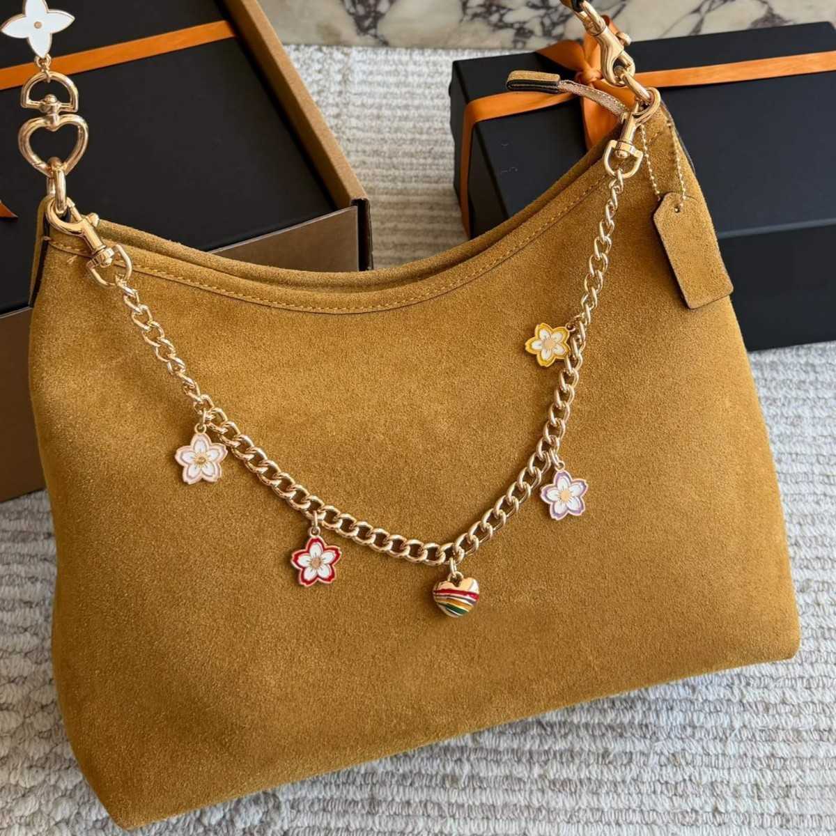 Luxury Designer Brown Suede Hobo Bag Women Decorative Chain Flower Charms Shoulder Crossbody Purse