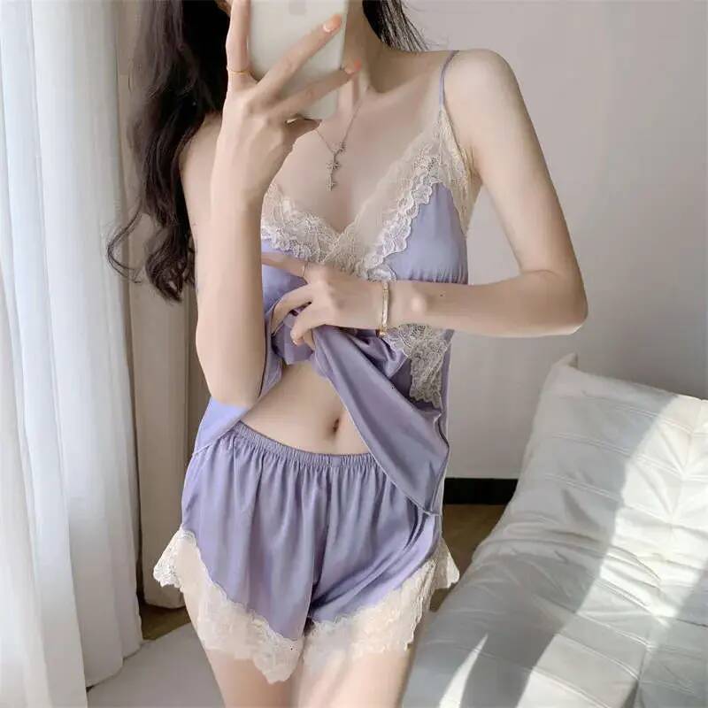 Women Pajamas Ice Silk Pajamas For Women Summer Thin High End Strap Shorts Two Piece Set loungewear Sexy With Chest Pads Sleepwear 291