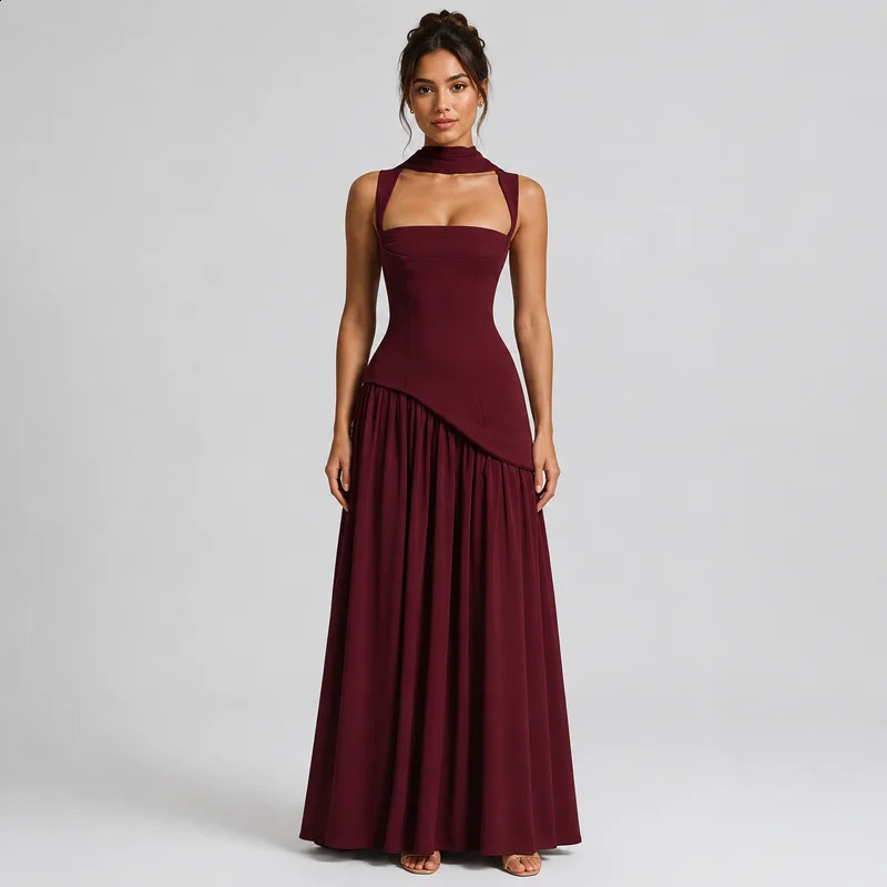 Women's Elegant Maxi Dress Brown Burgundy Square Neck Lace Up Corset High Slit Flowy Long Dress Evening Party Wedding Guest 261017