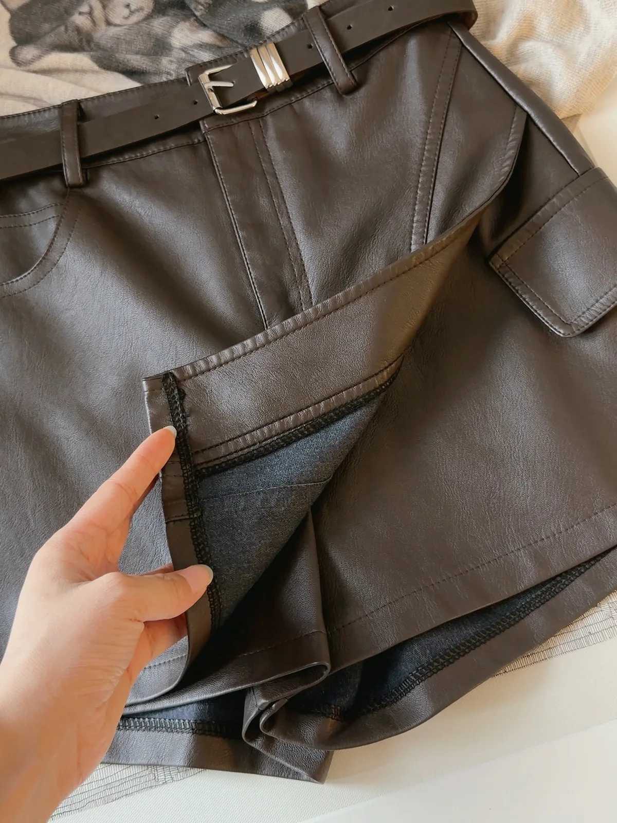 Design Sense Irregular Fake Skirts Two-piece PU Leather Shorts Skirts Women's Autumn New High Waist A-shaped Culottes W261017