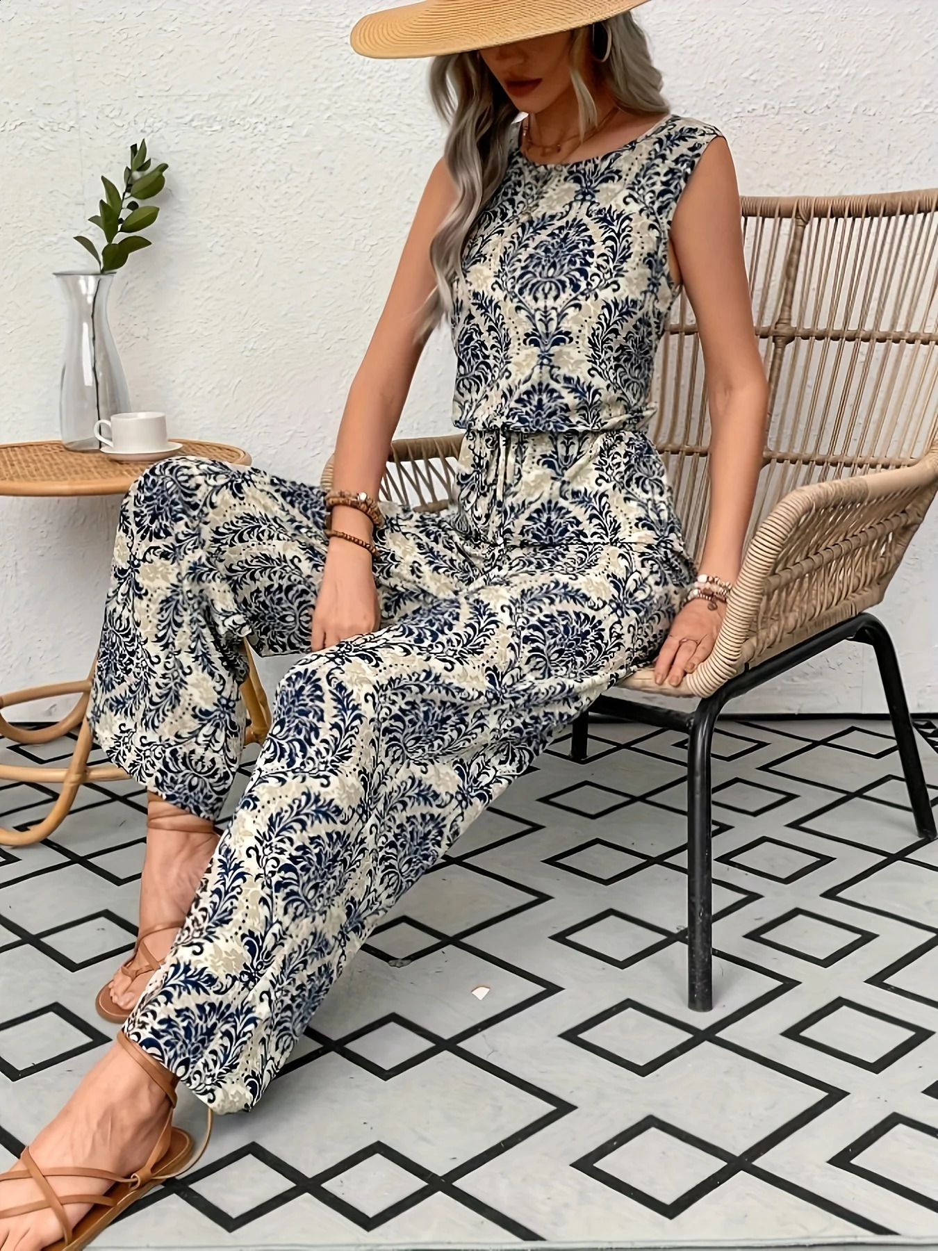 Elegant Summer Women's Casual Office Lady Tank Jumpsuits Paisley Pattern Sleeveless Wide Legs Loose Vacation Jumpsuit 261015