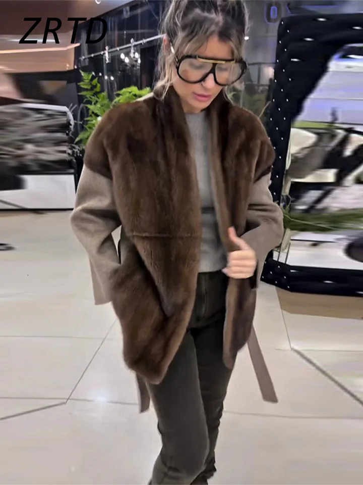 Fashion Faux Fur Patchwork Woolen Coat Belt Stand Collar Full Sleeve Warm Jacket 2026 Winter Lady Thick Outwear 261014