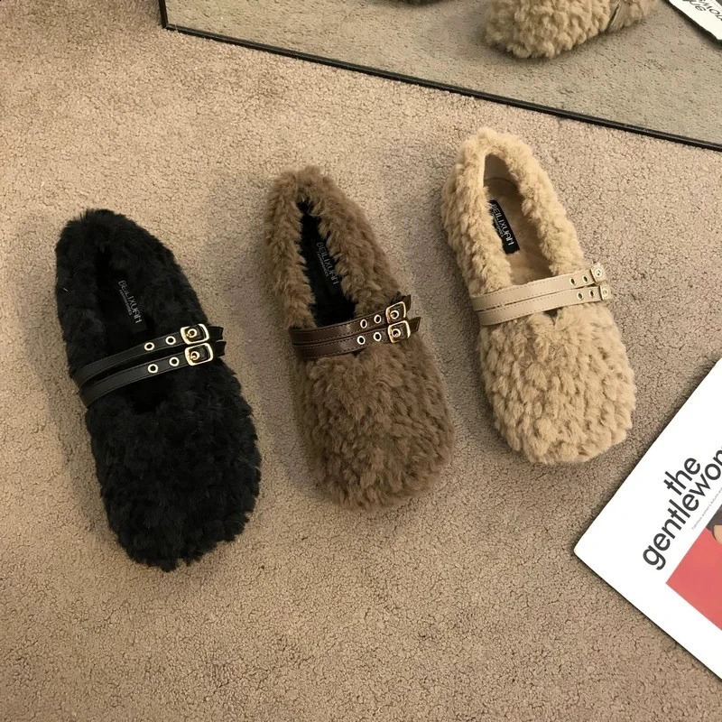 Warm Cotton Women Flats Shoes Women Ballet Laofer Shallow Slip on Ladies Fur Mary Jane Shoes Soft Outdoor Granny Shoes 261017
