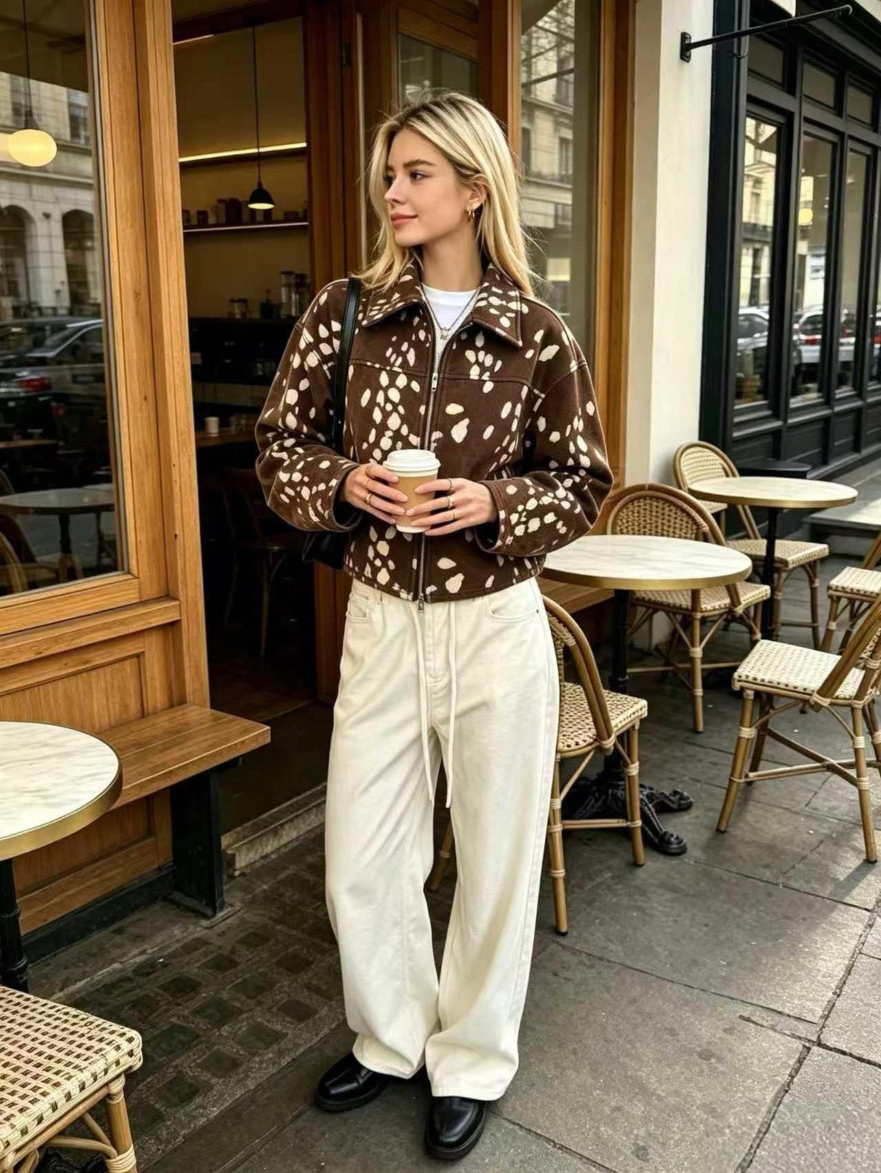 Women Retro Brown Spotted Lapel Short Jacket European American Casual Streetwear Loose Fit Trendy Soft Versatile Daily Outerwear For Ladies
