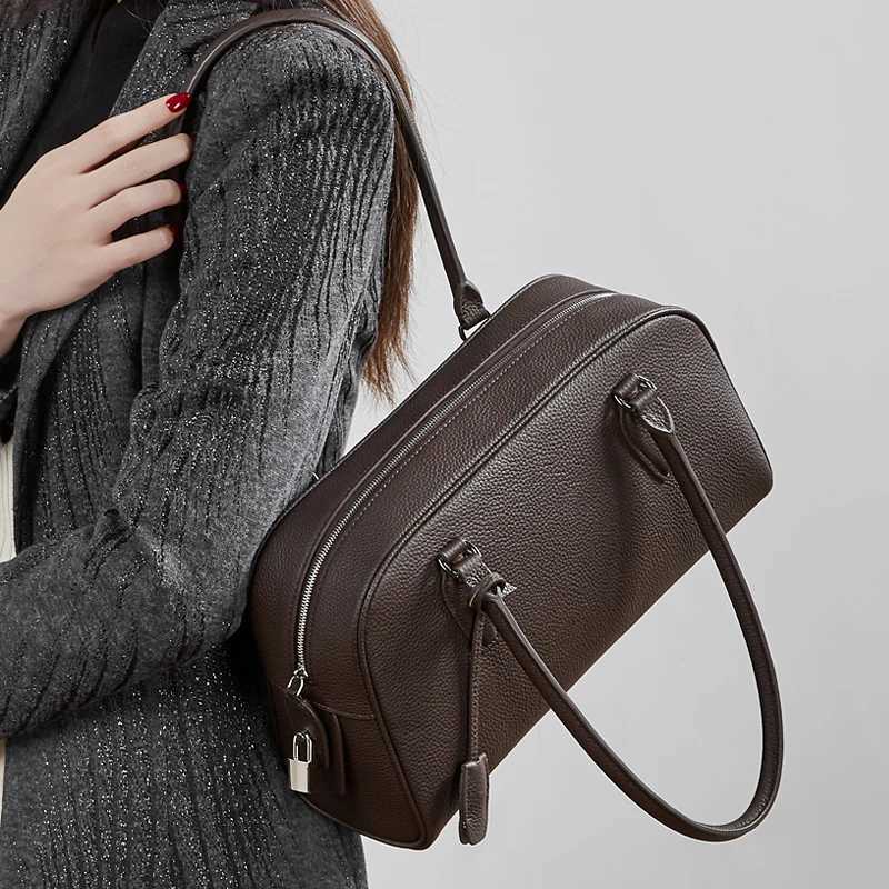 Evening Bags BURMINSA Genuine Leather Boston Bags Women Top Grain Cowhide Shoulder Purses Elegant Pillow Tote Office Ladies Handbags H261016